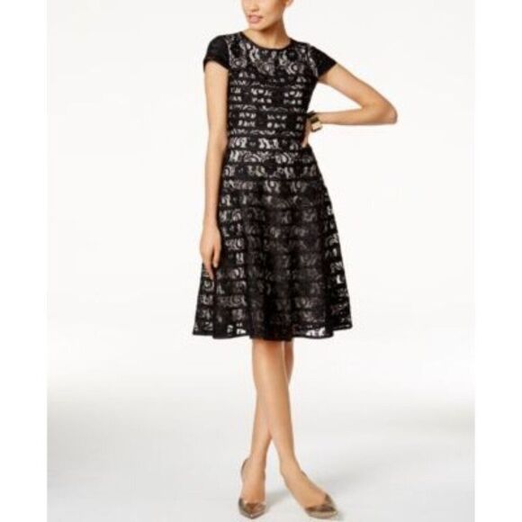 NWT Alfani Lace Fit & Flare Dress, Created for Macy's Black W/ Tan Lining Size 8 - Picture 1 of 14